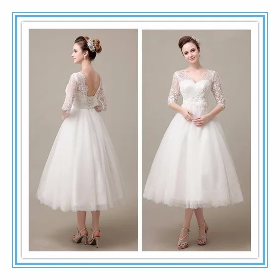 Gorgeous V Neckline Half Sleeve Tulle Lace Applique Tea Length