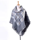 100%Acrylic double face poncho with PU button plaid woven shawl capelet
