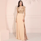 Champagne Chiffon Heavy Beaded See Through Women Gown Evening Dress Plus Size