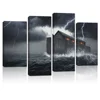 Black and White Ocean Canvas Art Noah's Ark in the Lightening Storm Weather 4 Panel Seascape Picture Bible Story