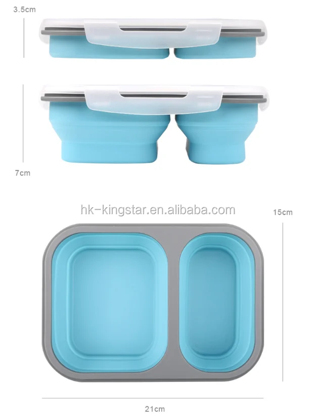 BPA free 2 spaces Collapsible Silicone Food Storage Container Lunch Box with Fork Spoon