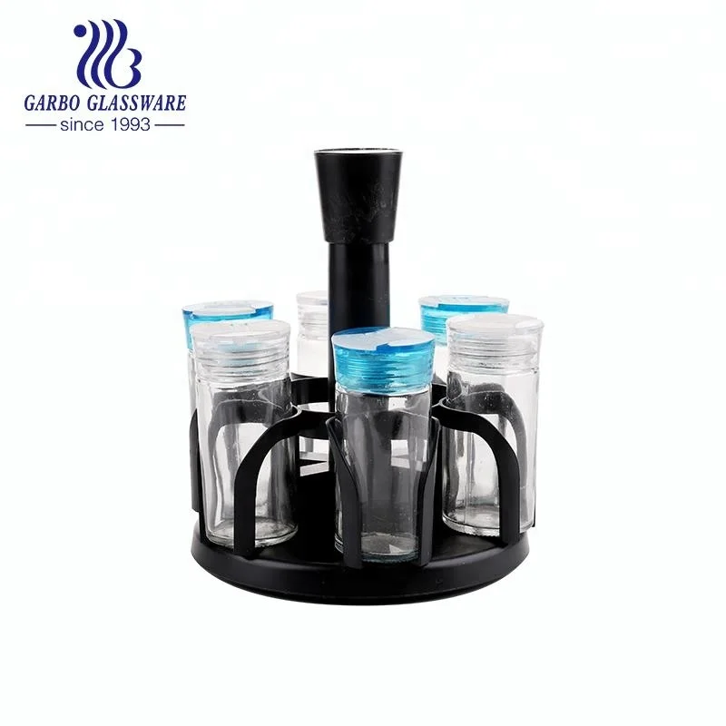 Classical 6pcs glass canister set with plastic lid and showing stand