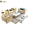 beige modern leather sofa set with golden metal frame for hotel lobby and home