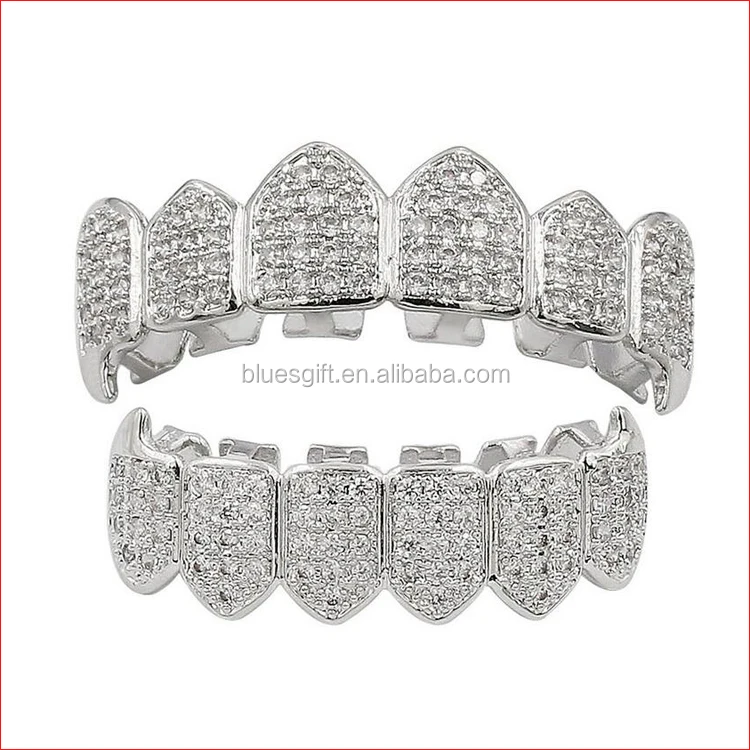 

Blues RTS White gold plated Halloween Vampire Fangs CZ zircon teeth Grillz top bottom a set TG128-S1, Silver, real gold