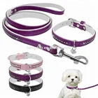 Rhinestone leather shiny heart retractable dog collar leash