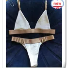 OEM custom bathing suit sexy woman shiny gold triangle bikini swimwear with metal buckle