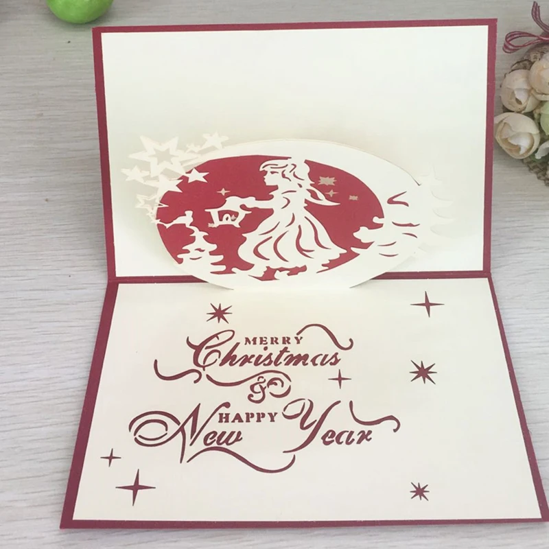 1pcs Christmas Girl 3D Laser Cut Greeting Pop Up Card Invitation Custom Postcards Christmas Thanksgiving Day Party Gifts (4)