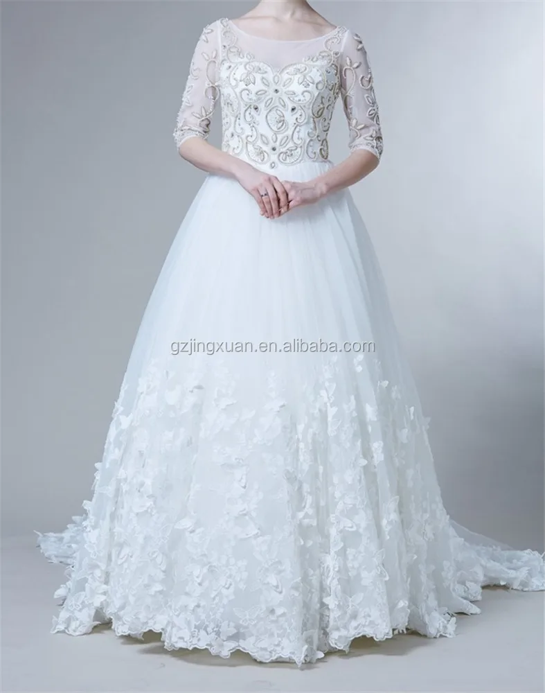 Luxury Pure White Half Sleeves Handmade Beaded A-line Wedding Dress Sweep Train Bridal Ball Gown
