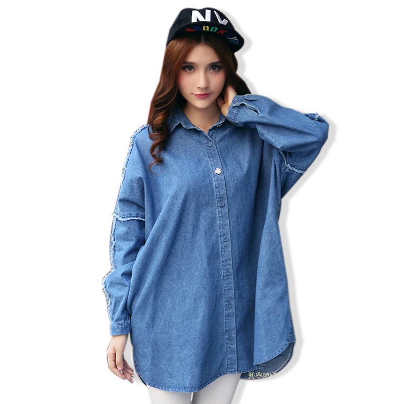 2015 Spring Autumn Women Casual Long Denim Shirts Jeans Washed Vintage Blouse Long Sleeve Patchwork Tassel Blusas Femininas