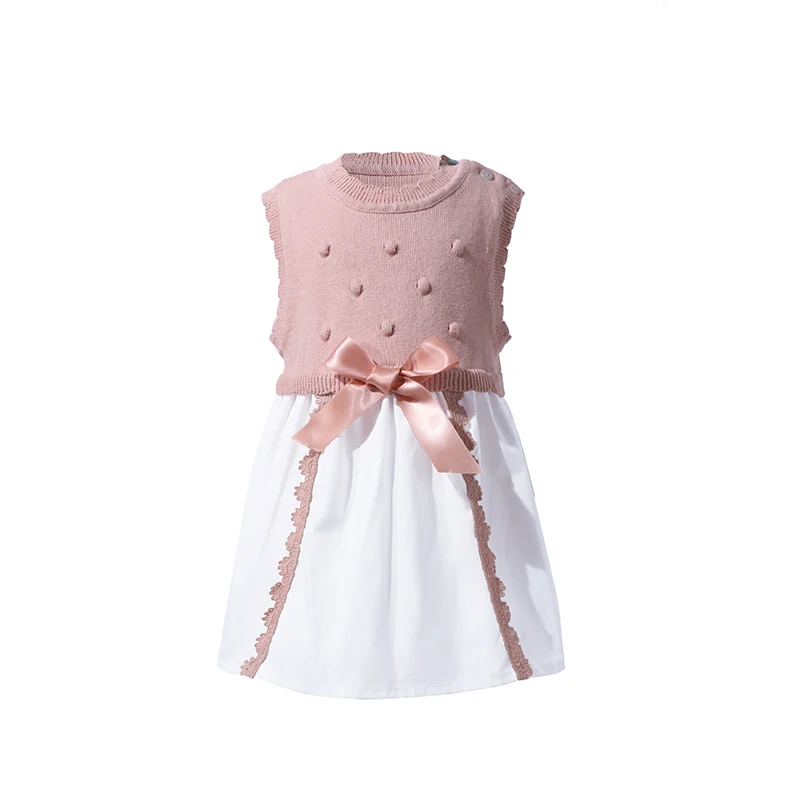 

Europe Baby Girl Knit Dress On Cotton Knitwear kids Winter Dress, Dysty pink - white joint