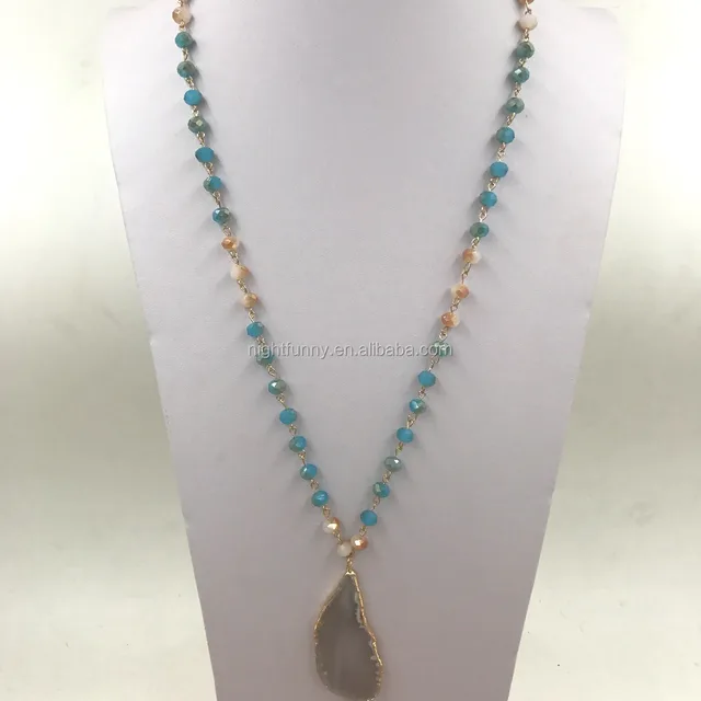 gypsy long rosary beads chain with agate necklace