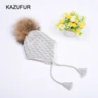Baby earlap knit hats with tassles double layers cotton winter hats with fur pompoms for kids KZ160093