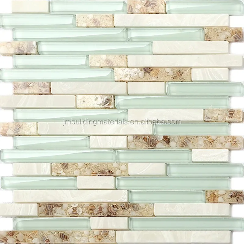 Glass Mosaic Tiles Green Crystal Resin Shell Conch Tile White Stone Tiled Bathroom Wall Backsplash