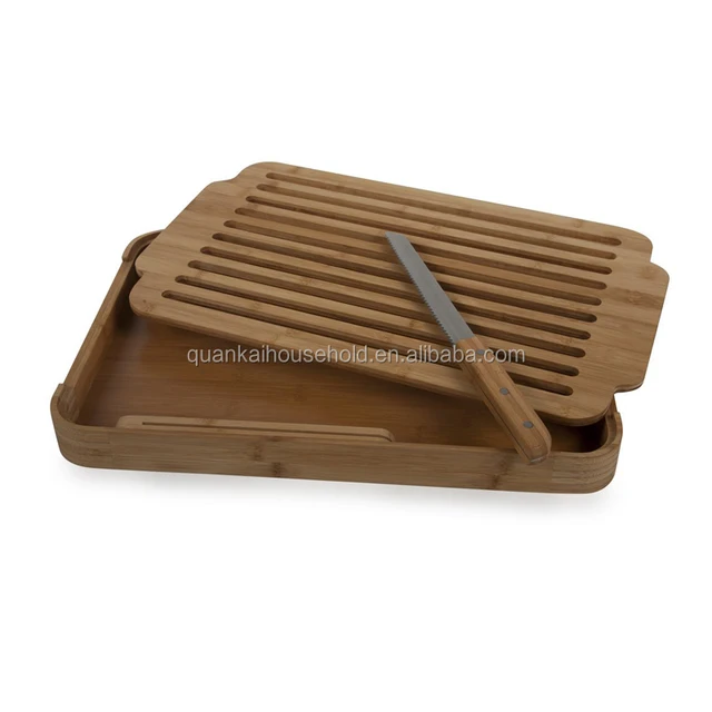 bamboo cut and serve bread board tray with bread crumb collector