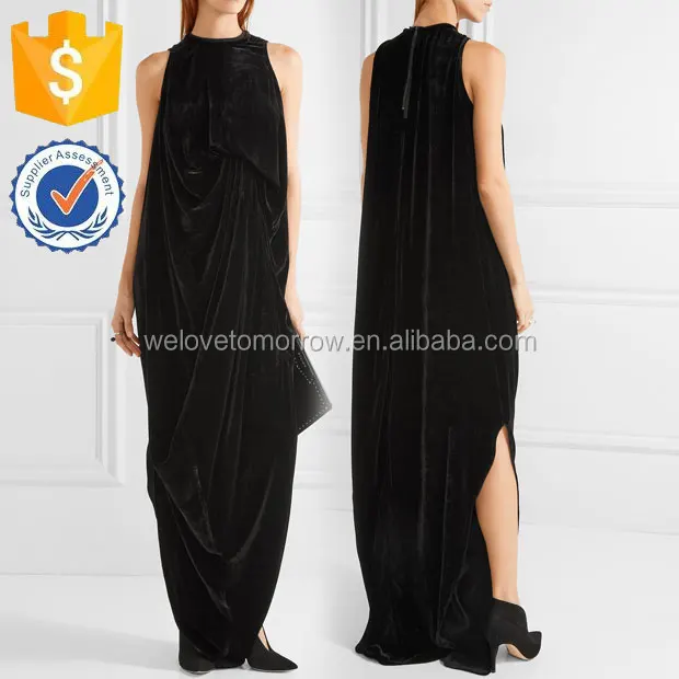 sleeveless black zip-back women draped velvet gown manufacture