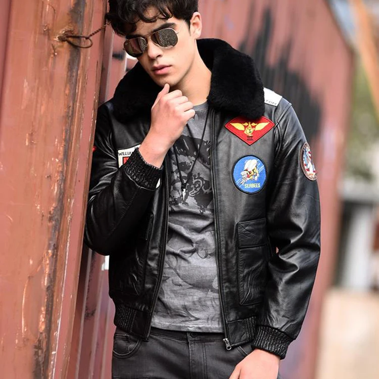 Mens Leather Bomber Jacket with embroidery patch
