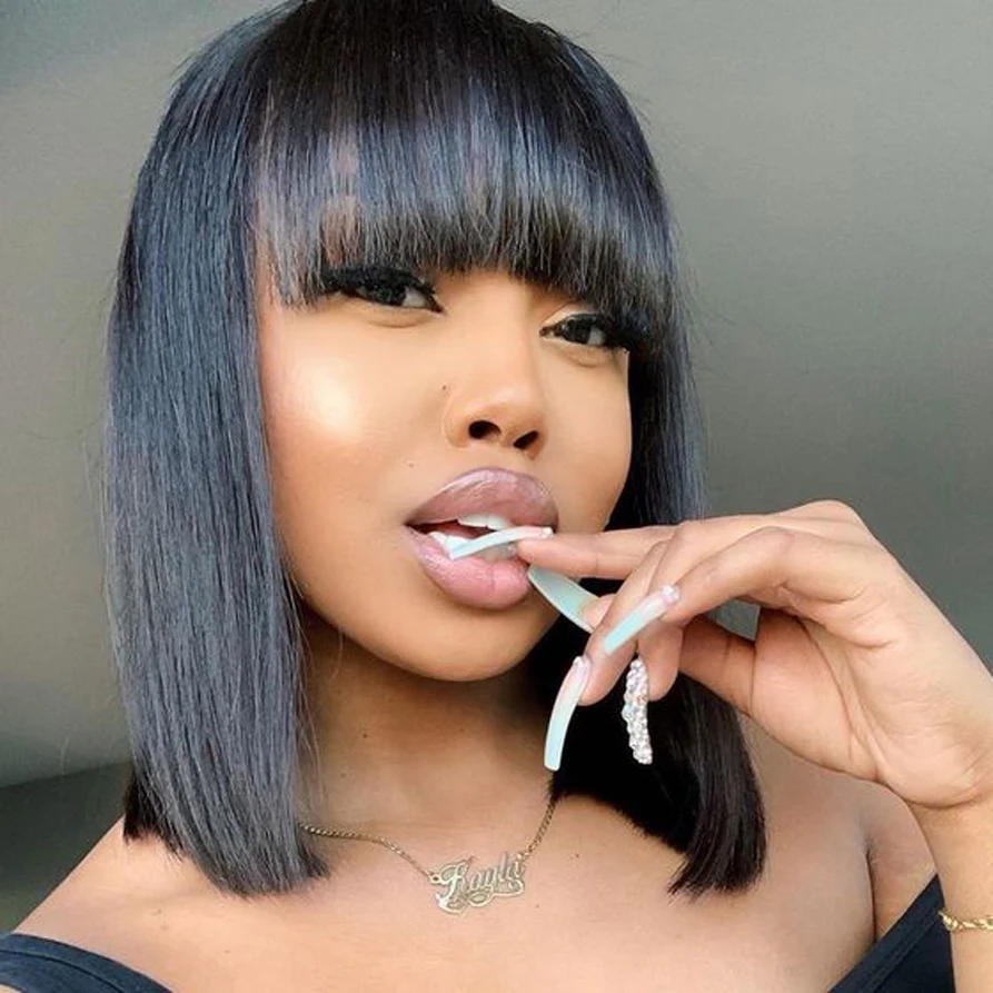 Natural Black Straight Brazilian Virgin Human Hair Lace Front Short Bob Wigs with Bang Fringes Swiss Lace wigs for women
Natural Black Straight Brazilian Virgin Human Hair Lace Front Short Bob Wigs with Bang Fringes Swiss Lace wigs for women