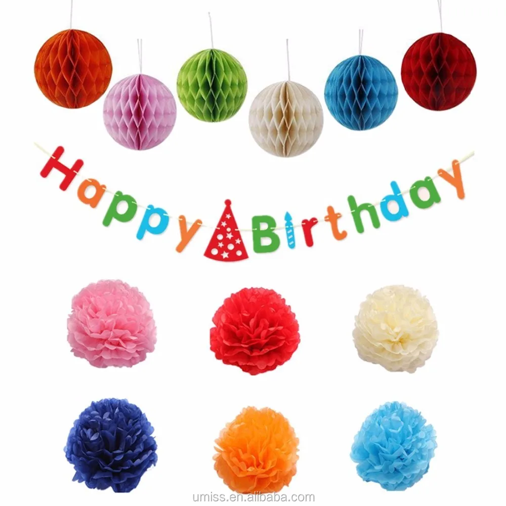 balloon, tissue pompoms, paper honeycomb, birthday garland, baby