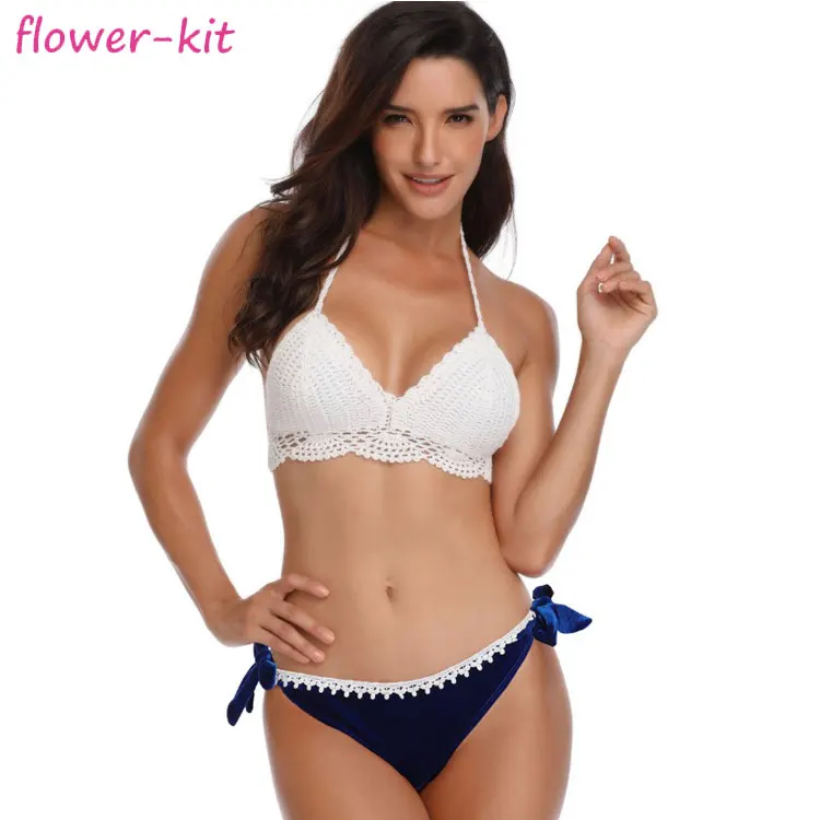 Halter Two Piece G String Bikini Vintage Crochet Sexy Lady Bathsuits