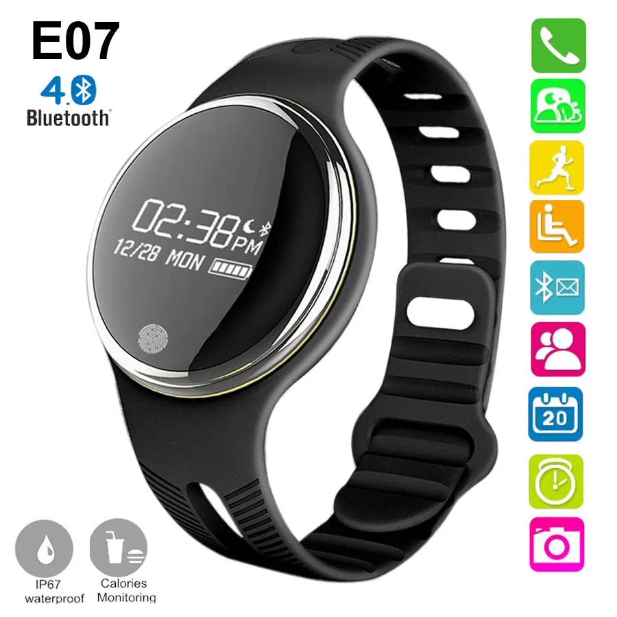 

New Waterproof E07 Bluetooth Smart Wristband Passometer Sleep Fitness Tracker Smartband for iPhone Android Phone Smart Bracelet, Black;white