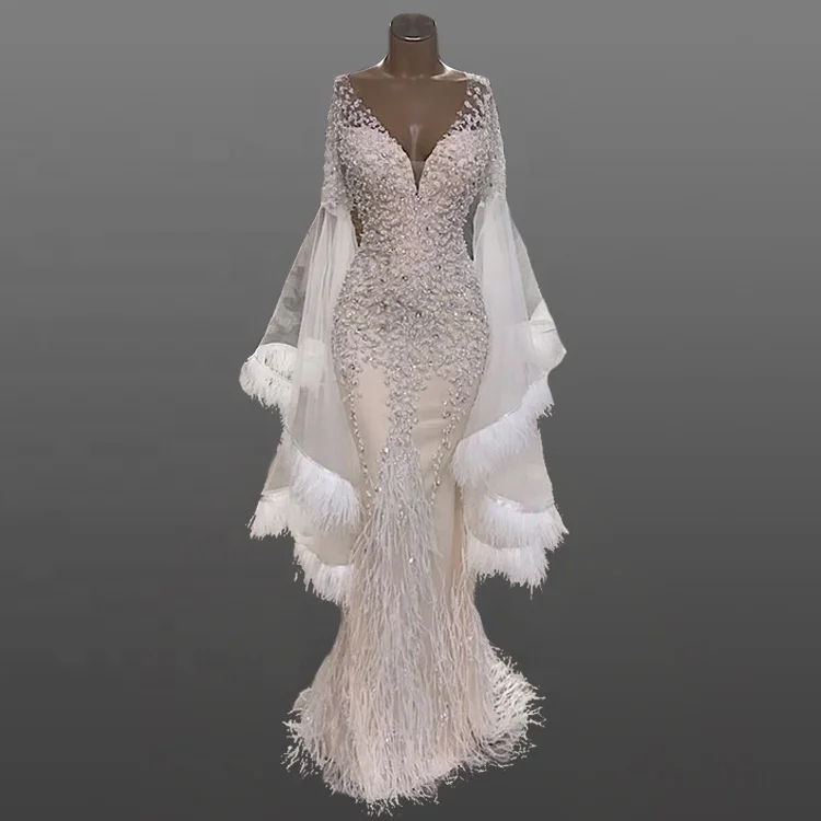 Mermaid Beading Wedding Dress Women Luxury Flare Sleeve Bridal