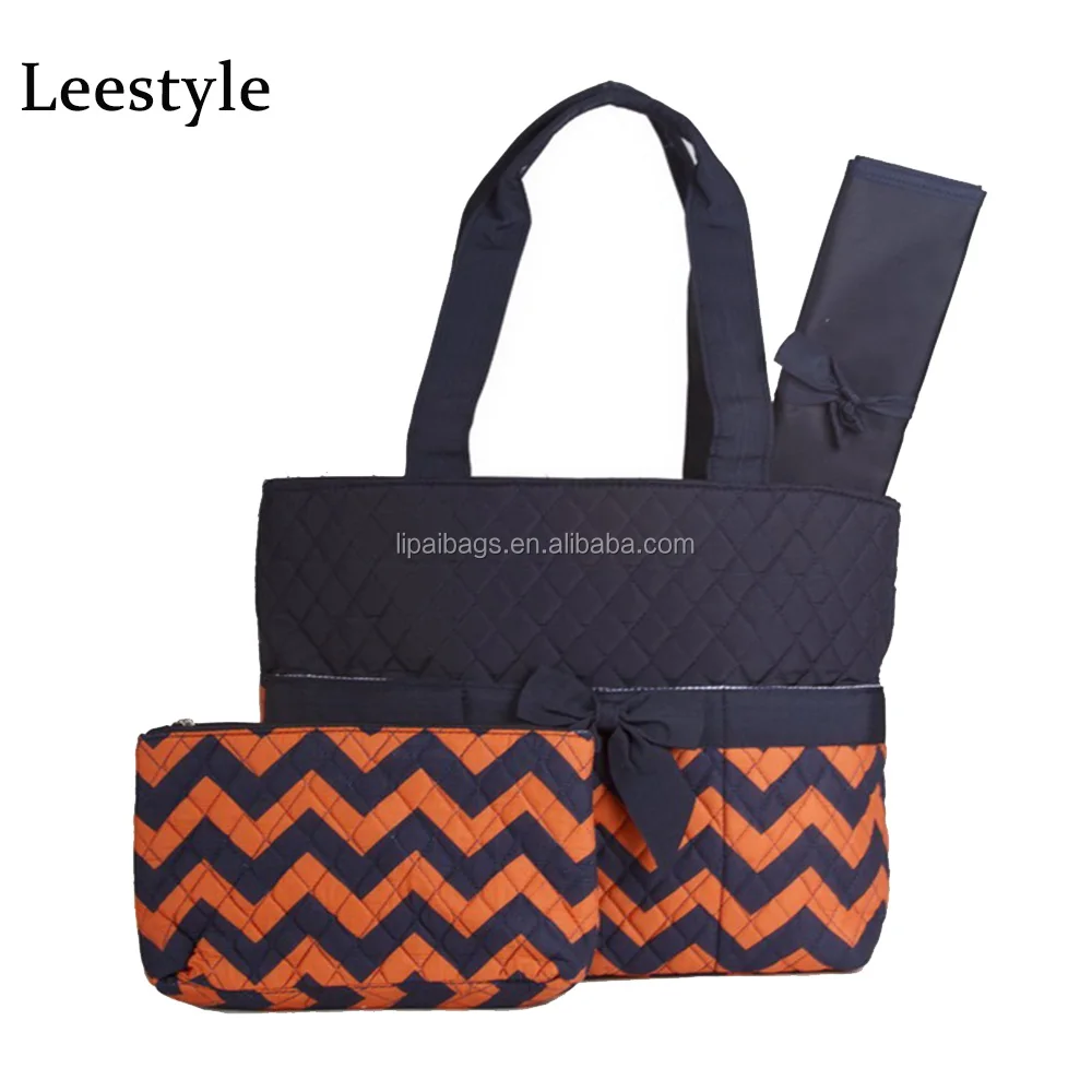 Monogrammed Navy Chevron Quilted Diaper Bag With Changing Pad and Cosmetic Bag Set