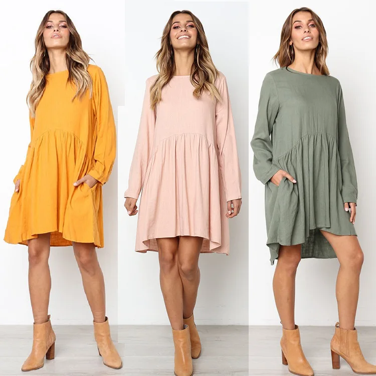 New Autumn Womens Clothing Latest Design 2019 Button Back Decoration Cotton And Linen Dress Long Sleeve Dress With Pockets, Yellow, pink, army green
New Autumn Womens Clothing Latest Design 2019 Button Back Decoration Cotton And Linen Dress Long Sleeve Dress With Pockets, Yellow, pink, army green