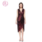 New Design Elegant Women Sexy V-Neck Reflective Charming Girl Mid-Calf Evening Dress