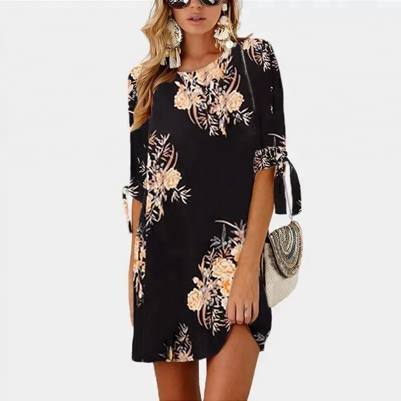 B93 Floral chiffon dress with tie on the sleeve Fashion Summer Women Mini Dress Black Loose Casual Floral Print O-neck Ladies Be
B93 Floral chiffon dress with tie on the sleeve Fashion Summer Women Mini Dress Black Loose Casual Floral Print O-neck Ladies Be