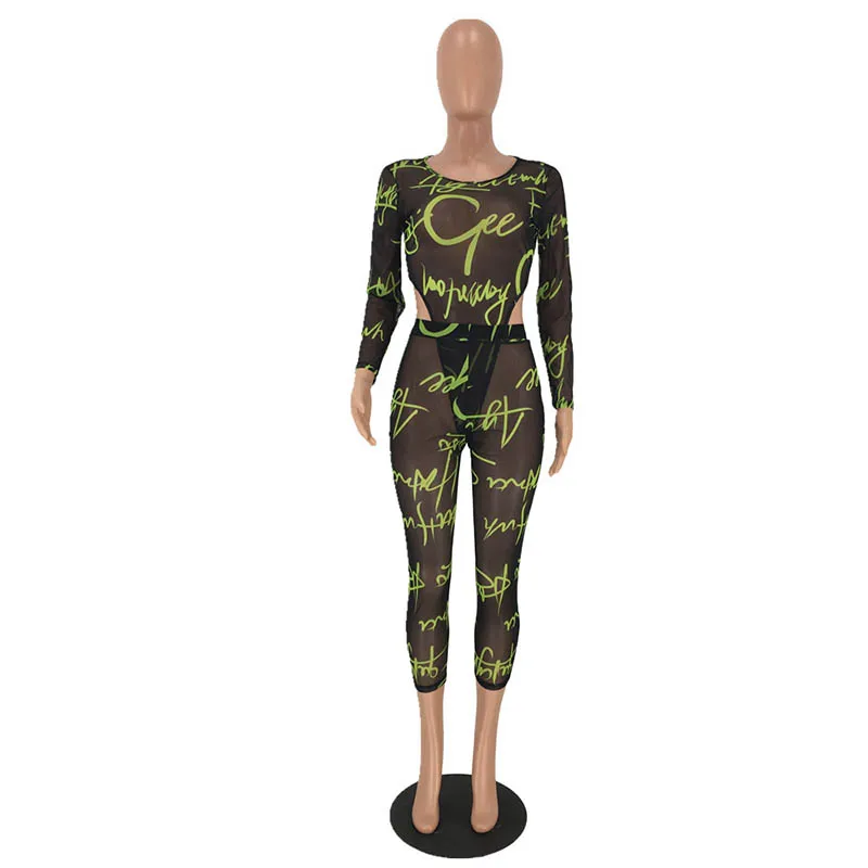 Casual Letter Print Mesh Pants Two Piece Set Women Clothing