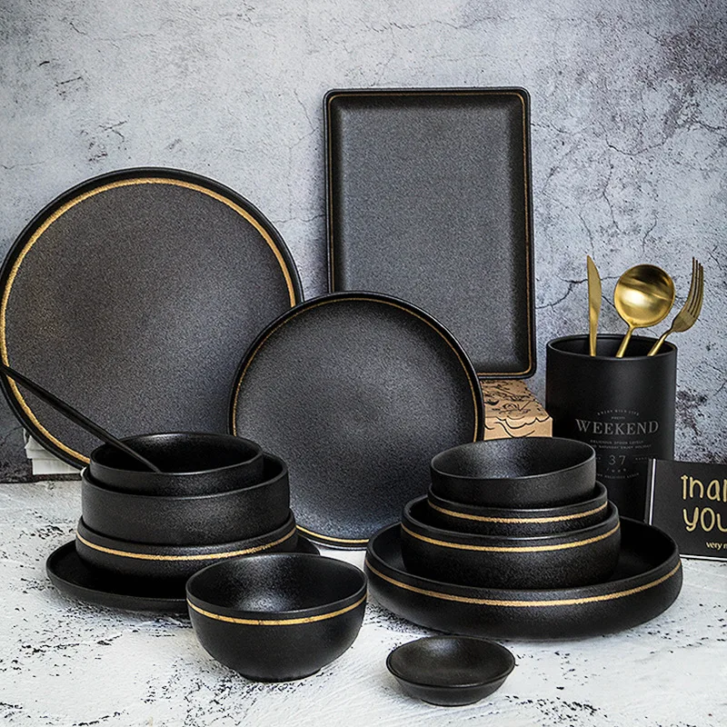 Matte Ceramic Tableware Golden Trim Plate For Wedding Decoration And Restaurant, Black
Matte Ceramic Tableware Golden Trim Plate For Wedding Decoration And Restaurant, Black