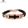 Rose Gold Stainless Steel Rectangular Black Leather with Lobster Clasp Men's Leather Bracelet