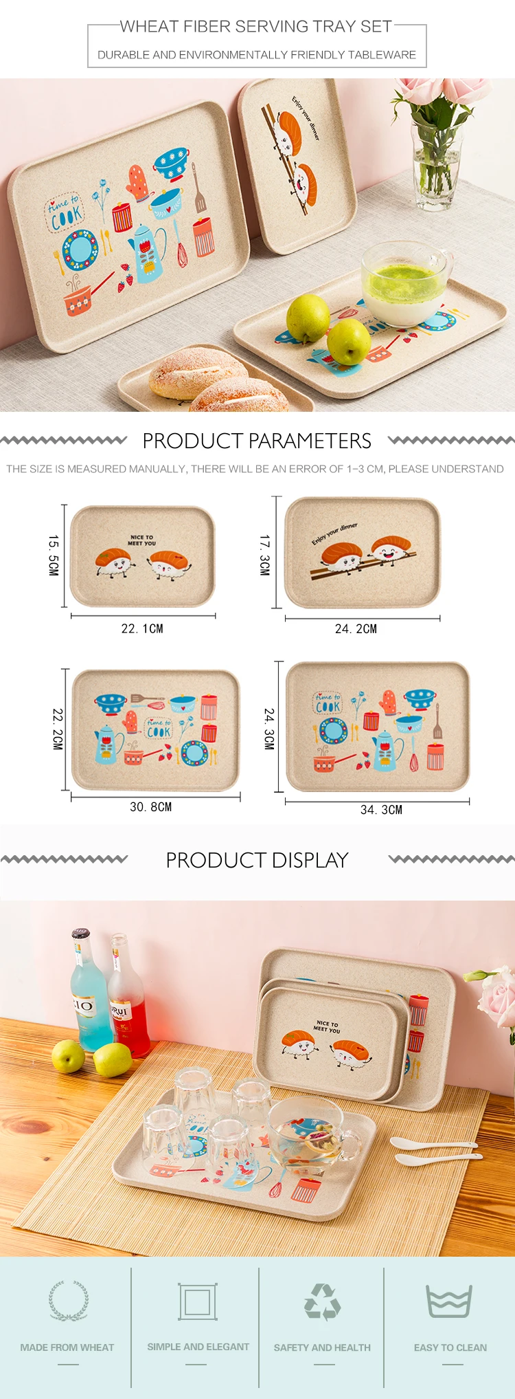 BPA Free Wheat Fiber Serving Tray Rectangle 4-Pieces Platters Food Serving Trays Set