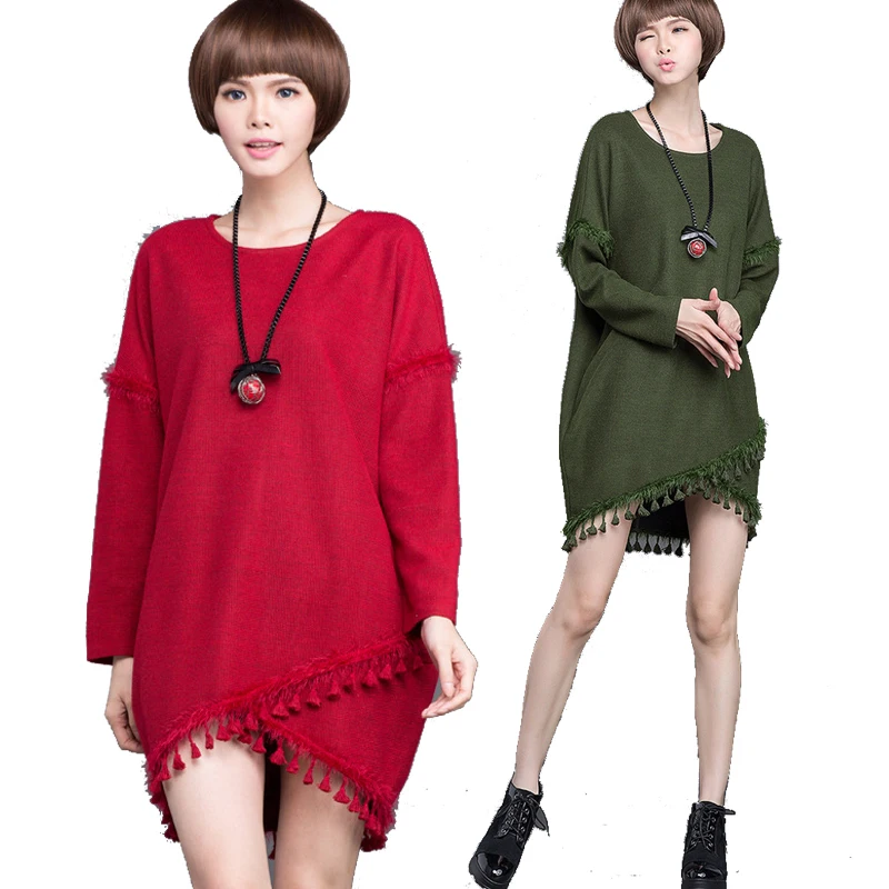 2015 Big Size Women knitted dress tassels loose spring autumn elegant plus size batwing sleeve asymmetrical casual vestidoXXXXXL