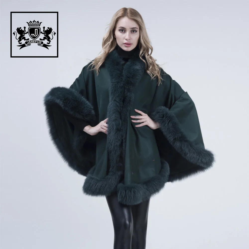 Real Cashmere Coat Poncho Genuine Fox Fur Trim all around Double Cape