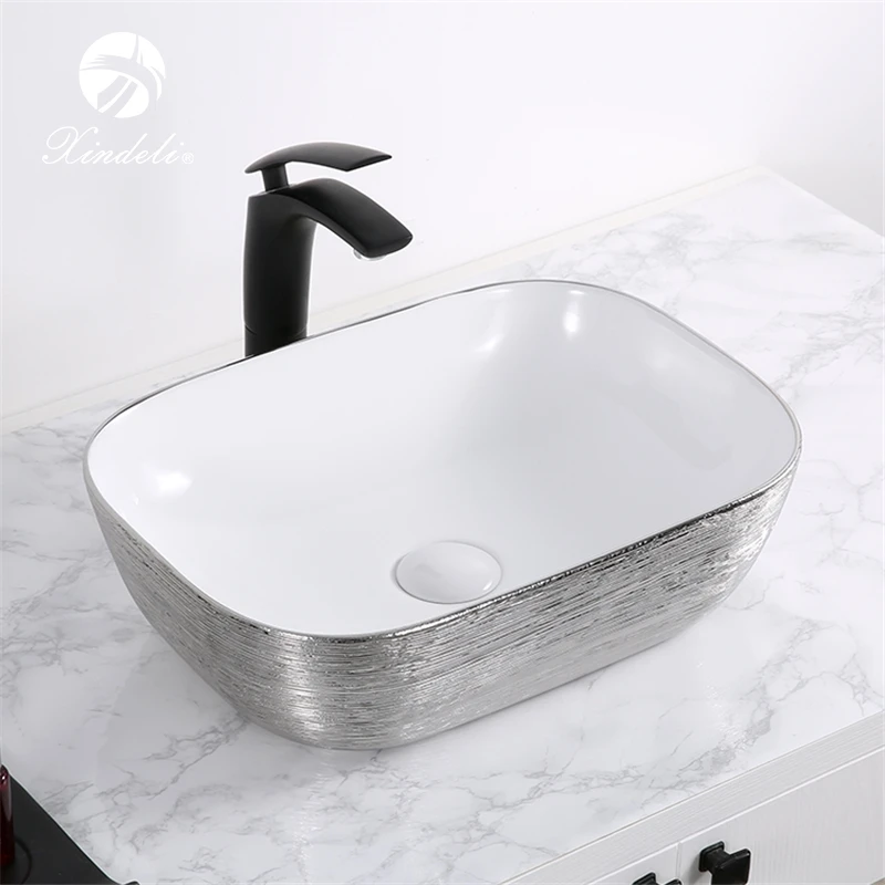 Nice price electroplate silver white ceramic wash elegance art washing basin sink bathroom