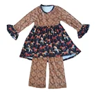 0-12 years baby girl long sleeves ruffle tunic outfit kids fashion horse printing pearl dress toddler harem pants clothing sets
