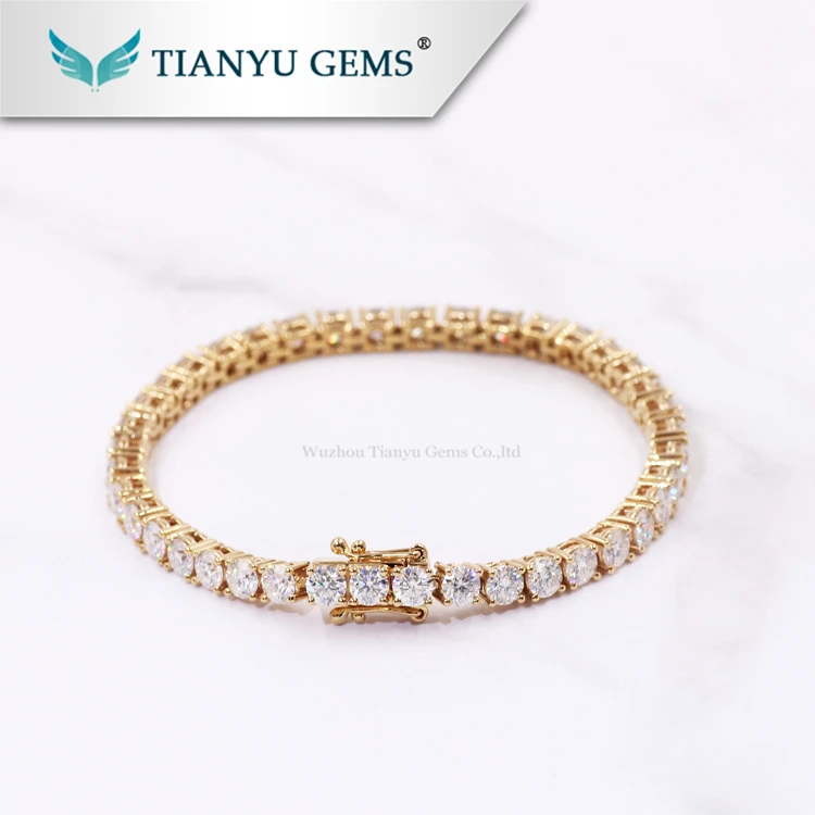 Tianyu gems Solid AU585/AU750 Yellow gold real fine hand make colorless white moissanite tennis bracelet 