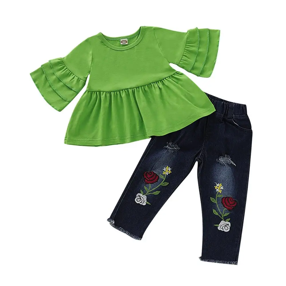 Toddler Girls Clothes Set Cotton Green Ruffle Tops and Embroidery Rose Jeans 2pcs Kids Girl Outfit for Fashion Children Girl, As photos
Toddler Girls Clothes Set Cotton Green Ruffle Tops and Embroidery Rose Jeans 2pcs Kids Girl Outfit for Fashion Children Girl, As photos