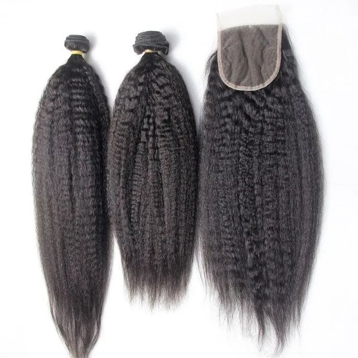 

Best Selling Mongolian Yaki Hair Kinky Straight Hair, Cuticle Aligned Virgin Brazilian Human Bundles With 4X4 Lace Closure, Natural color #1b