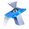 ROVATE Bathroom LED Light Basin Faucet 3 Colors Waterfall Glass Spout Sink Faucet Cold and Hot Water Mixer Tap