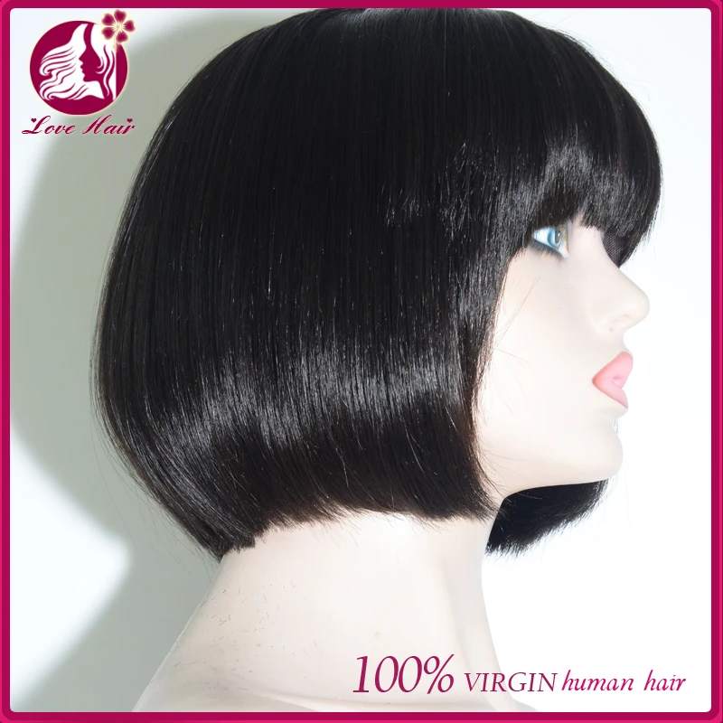 150 Density Virgin Chinese Girl Hair Bang Bob Cut Full Lace Wig
