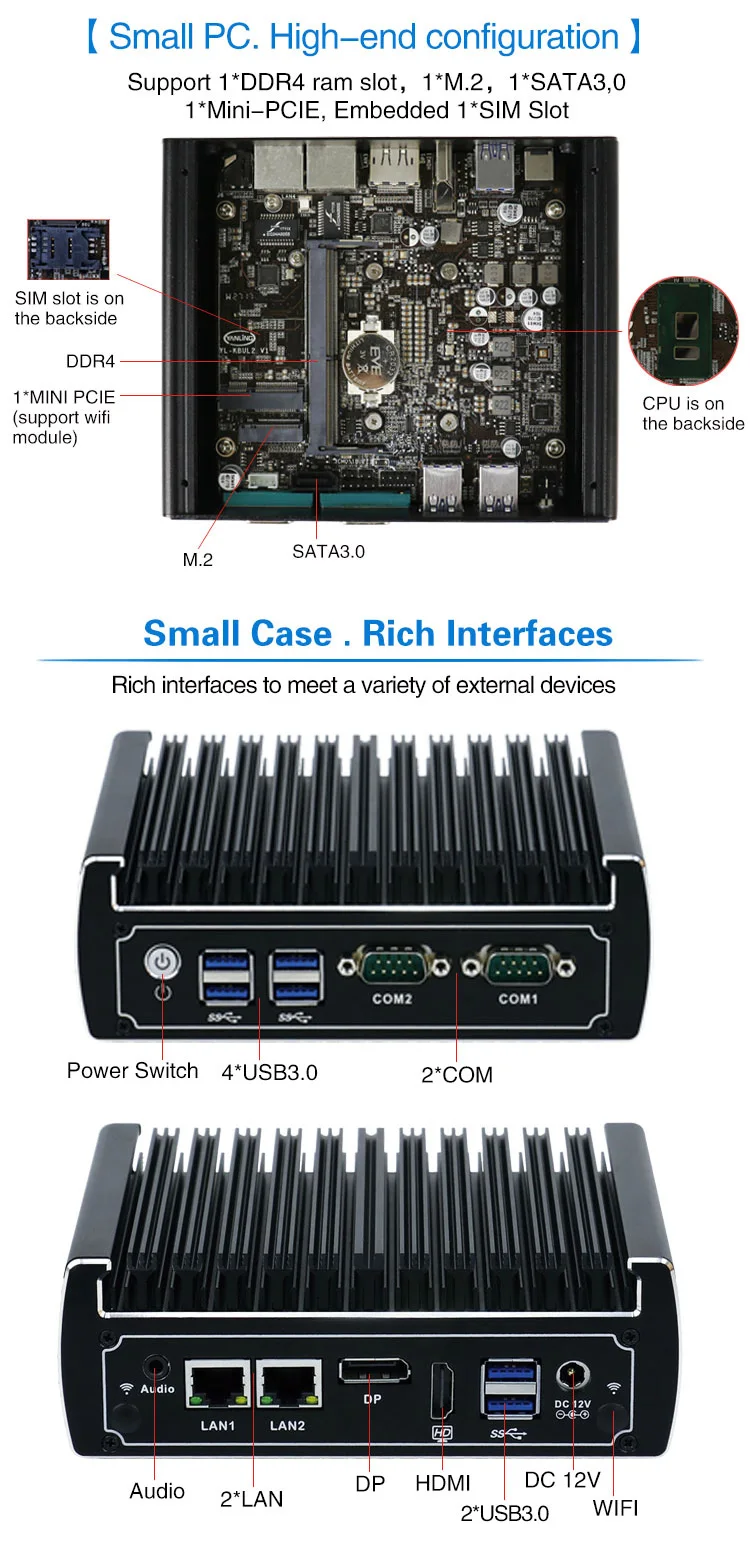 7th gen cpu kaby lake core i5 7200u processor N13 L2 mini pc with dual lan ports SIM slot support M.2 port