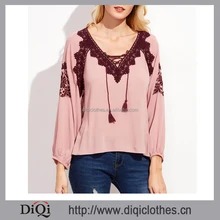 2017 Latest Vintage Ladies Pink Contrast Embroidered Crochet Tassel Tie Neck Blouse
