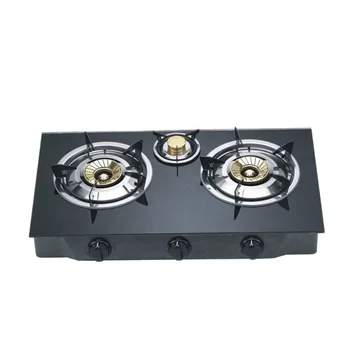 Kitchen Appliance Glass Cooktop 3 Burner Gas Stove With Brass