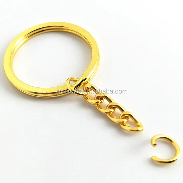 krc20 shinny gold tone round metal split keyring with chain &amp