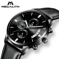 

Megalith fashion high quality analog stop custom brand black relogio masculino stainless steel back quartz watch band leather