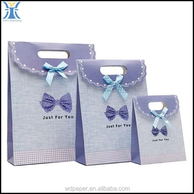 2015 yiwu high quality cute purple paper bag for gift with bow