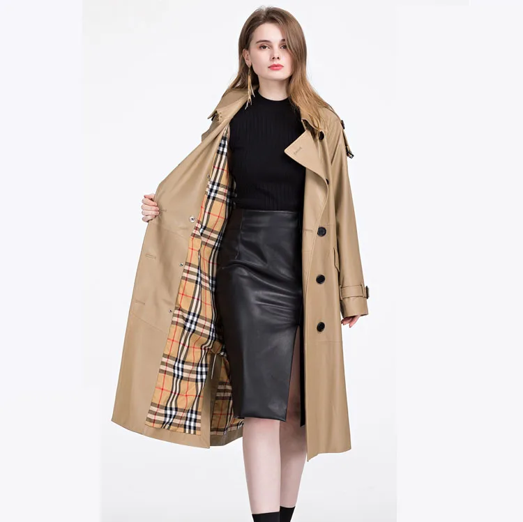 Klasik ekose moda gerçek bayanlar koyun derisi palto Uzun bölüm siper hakiki kadın deri ceket