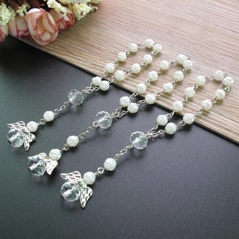 8mm Rose Beads Rosary Baptism Favors With Angels For Boy And Girl